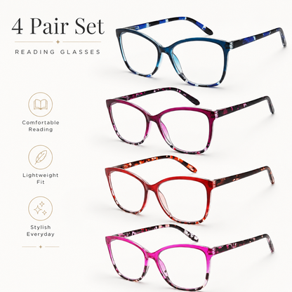EYEURL Reading Glasses for Women,4-Pack Ultra-Light Slim Frames Blue Light Glasses,Spring Hinge Fashion Pattern Print Blue Light Readers for Women(Multicolor, 1.0x)