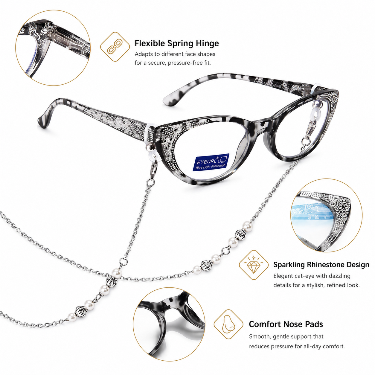 EYEURL Cat Eye Reading Glasses for Women Blue Light Blocking 4 Pack Computer Readers Spring Hinge Anti UV Fashion Lightweight Frames Eyeglasses