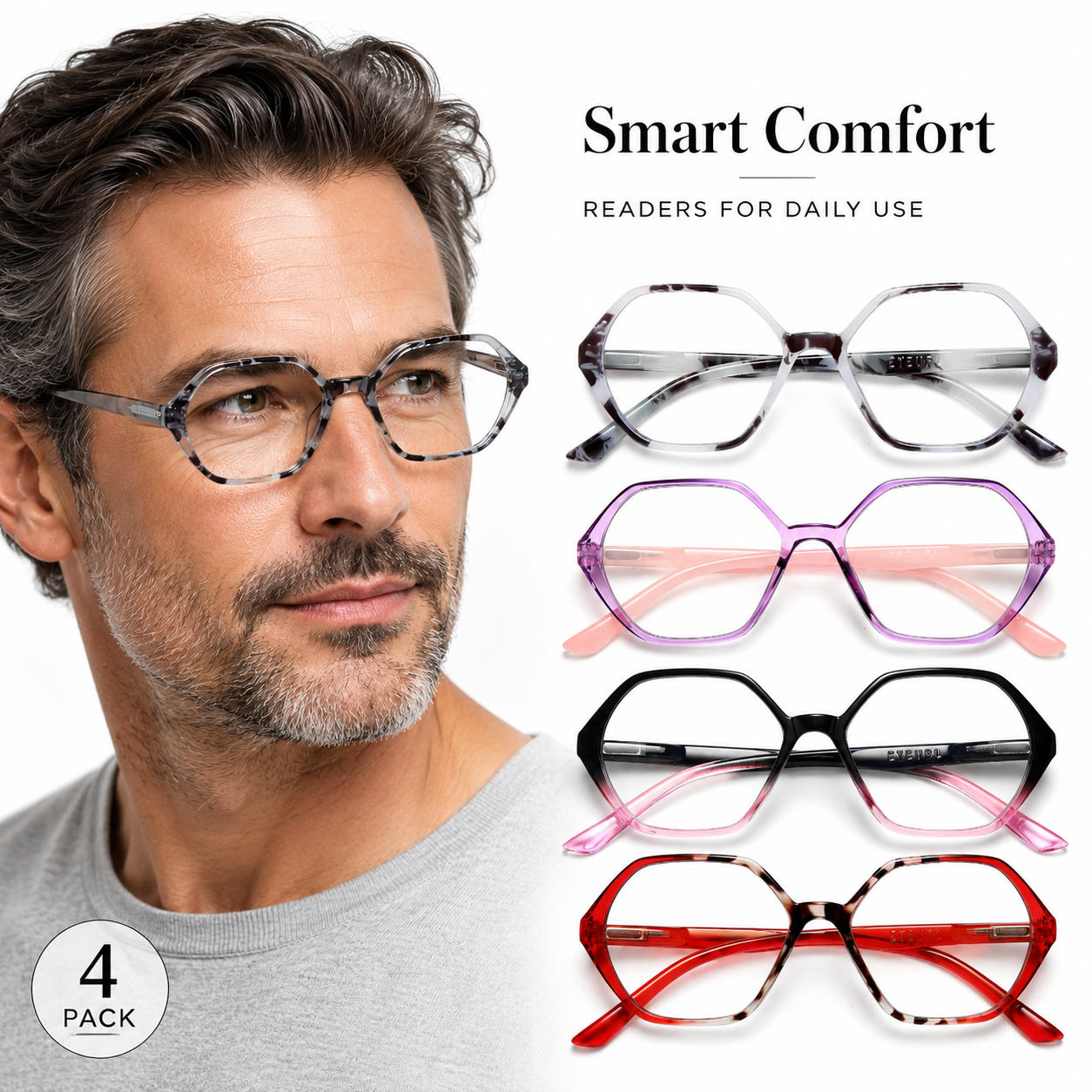 EYEURL Diamond Shaped Reading Glasses for Women – 4 Pack Blue Light Blocking Vintage Computer Readers with Spring Hinges, Anti-Glare Lightweight Eyewear