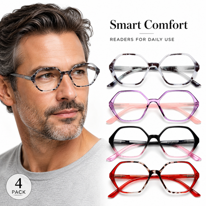 EYEURL Diamond Shaped Reading Glasses for Women – 4 Pack Blue Light Blocking Vintage Computer Readers with Spring Hinges, Anti-Glare Lightweight Eyewear