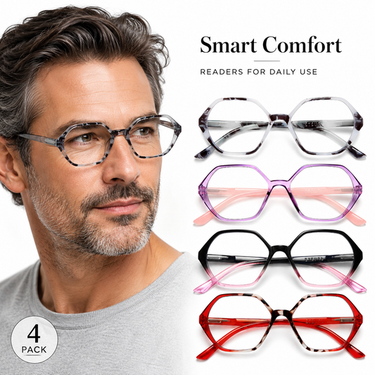 EYEURL Diamond Shaped Reading Glasses for Women – 4 Pack Blue Light Blocking Vintage Computer Readers with Spring Hinges, Anti-Glare Lightweight Eyewear