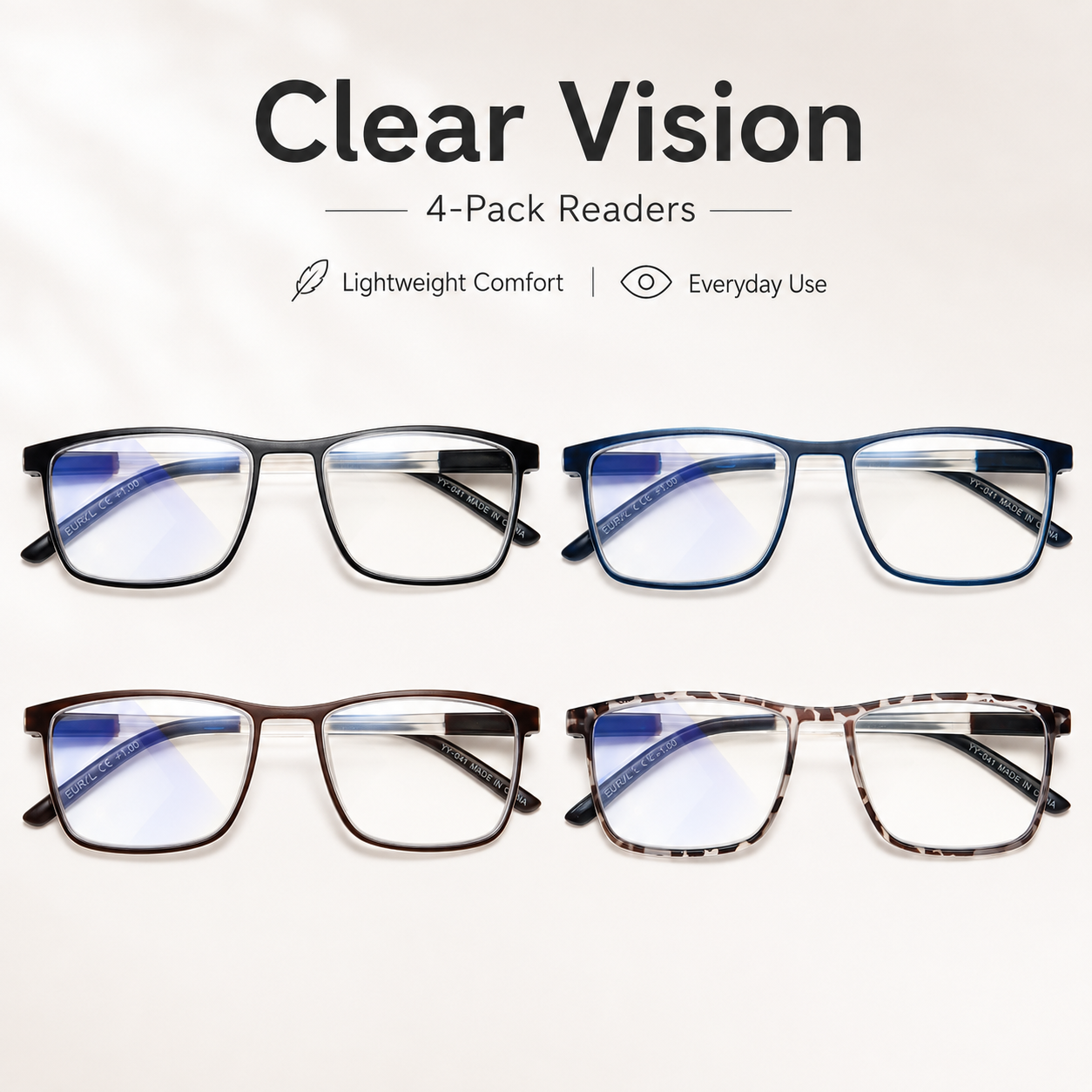 EYEURL 4 Pack Reading Glasses for Men and Women - Blue Light Blocking Readers with Spring Hinges - Anti Glare/UV Rays