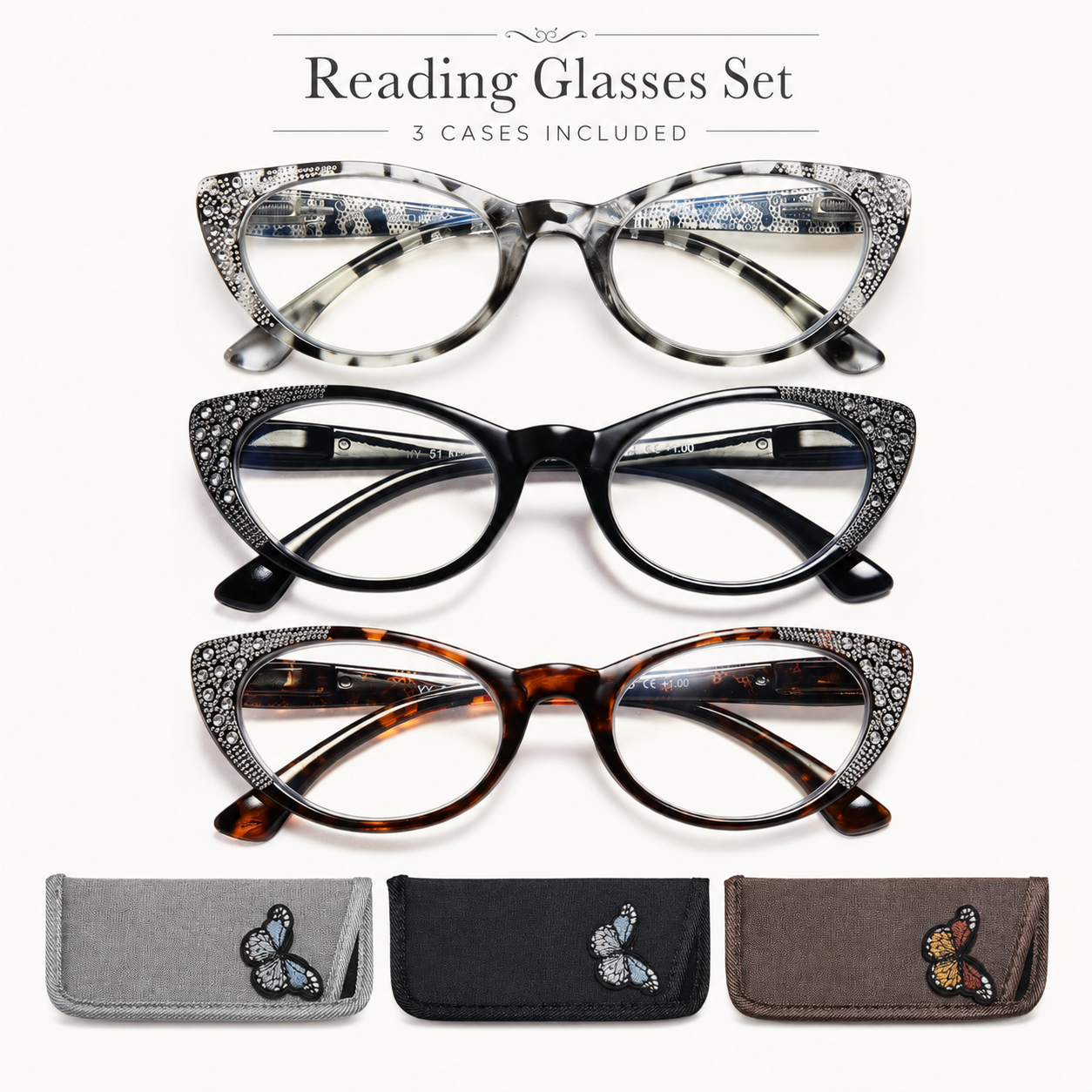 EYEURL 3-Pack Cat Eye Reading Glasses for Women – Blue Light Blocking Computer Readers with Rhinestones, Spring Hinges & UV Protection