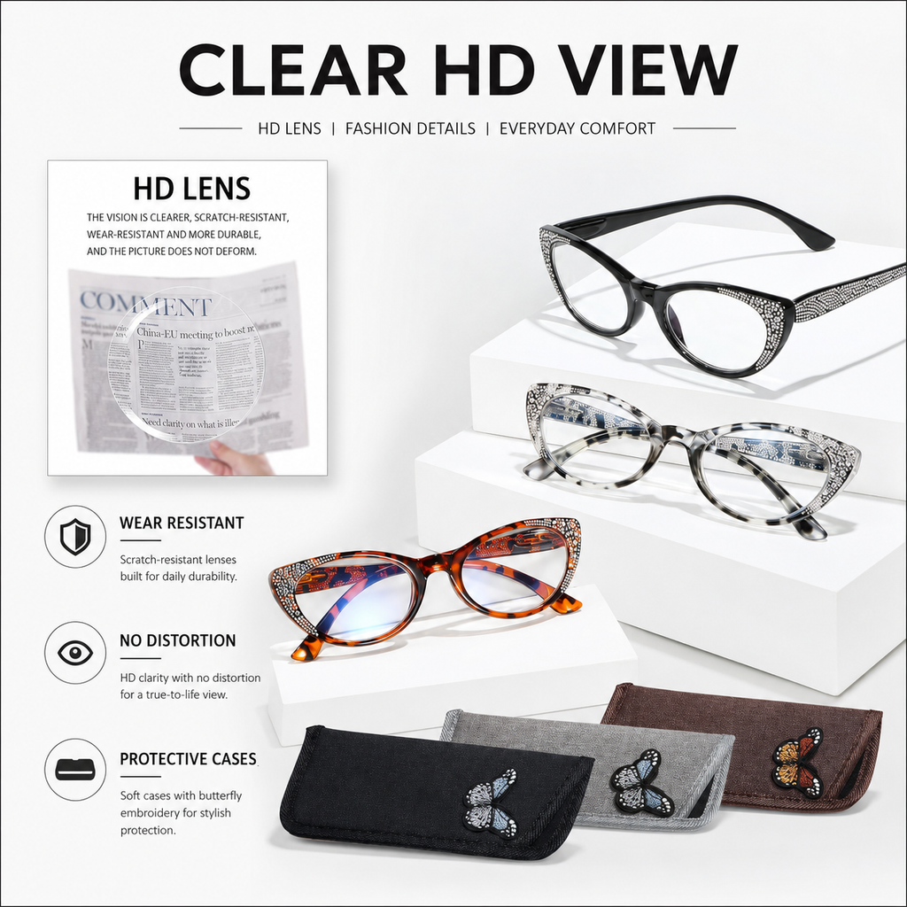 EYEURL 3-Pack Cat Eye Reading Glasses for Women – Blue Light Blocking Computer Readers with Rhinestones, Spring Hinges & UV Protection