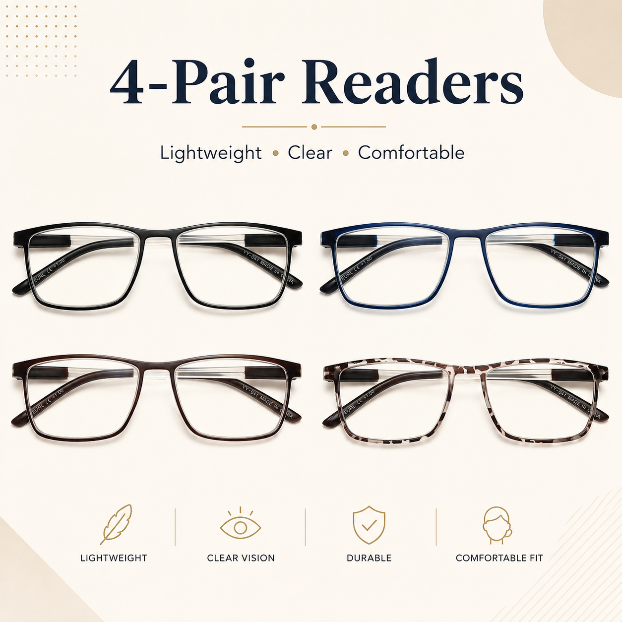 EYEURL 4 Pack Reading Glasses for Men and Women - Blue Light Blocking Readers with Spring Hinges+1.75 Main image
