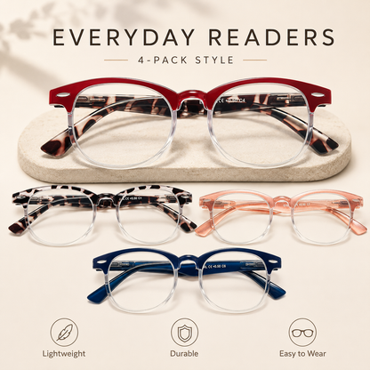 EYEURL Round Reading Glasses for Women – 4 Pack Stylish Blue Light Blocking Readers, Retro Round Computer Eyeglasses for Work and Home