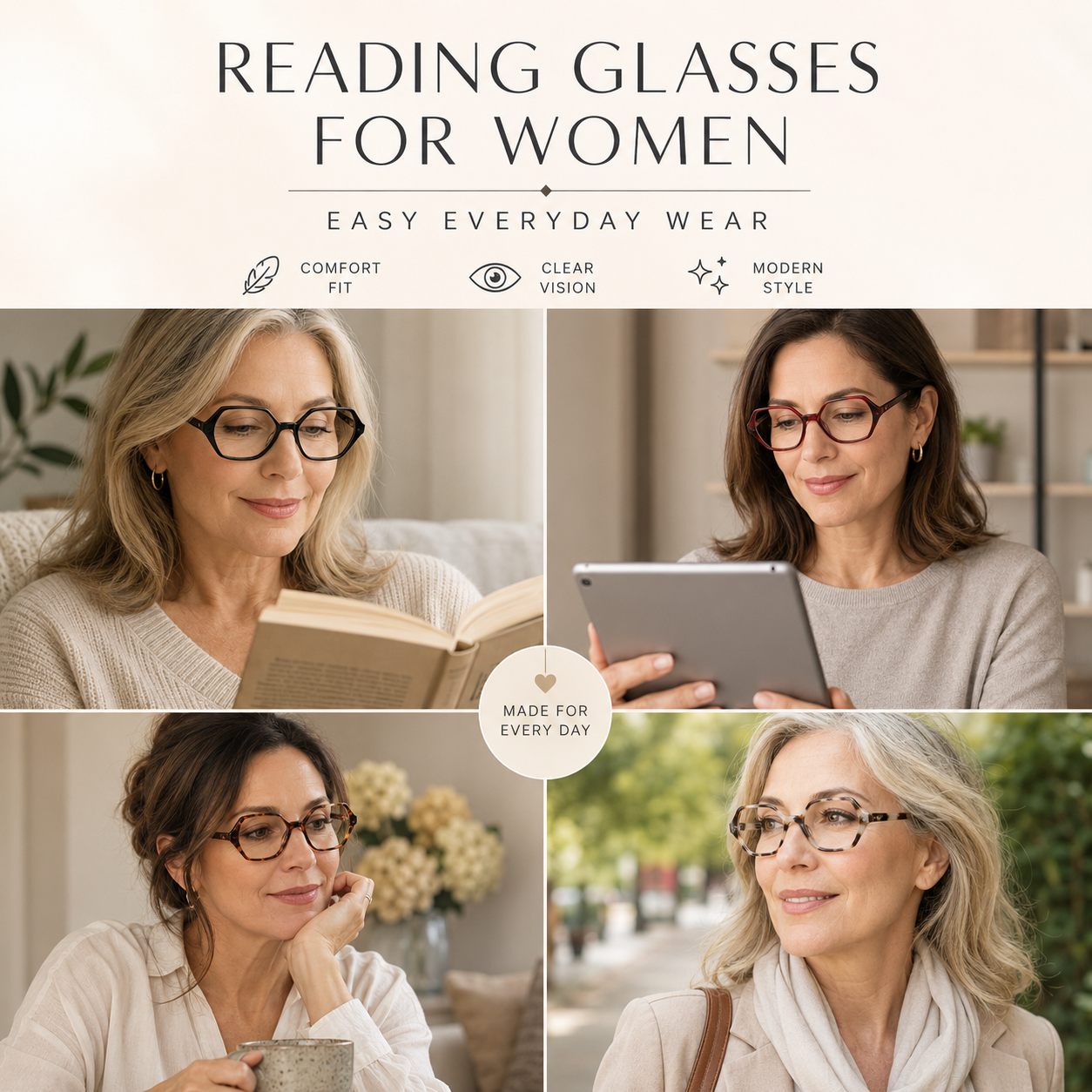 EYEURL Vintage Diamond Frame Reading Glasses for Women – 4 Pack Blue Light Blocking Computer Readers with Spring Hinges, Anti-Glare Lightweight Eyeglasses