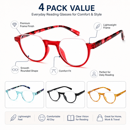 EYEURL 4-Pack Colorful Half Frame Reading Glasses for Women Blue Light Blocking Computer Readers for Women