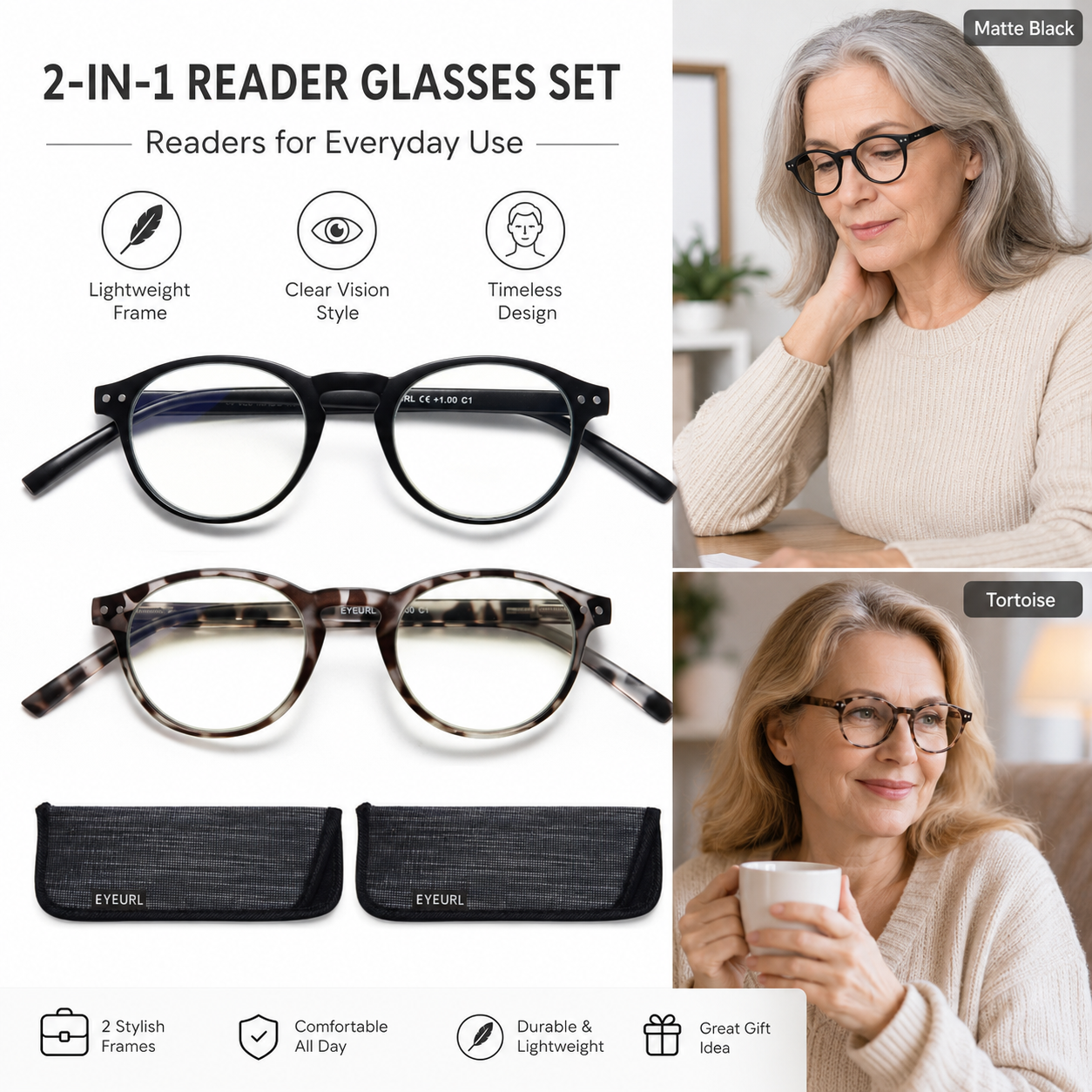 EYEURL 4-Pack Small Round Reading Glasses for Women Men Neck Hanging Blue Light Blocking Eyeglasses TR90 Readers for Women