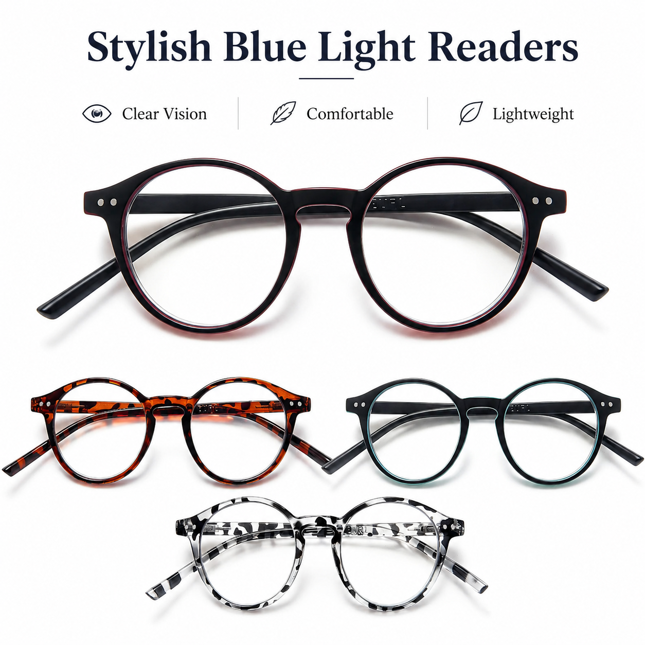 EYEURL 4-Pack Round Reading Glasses for Women Men Neck Hanging Small Blue Light Glasses Retro Round Computer Glasses With Spring Hinges TR90 Lightweight Readers for Women 3.0