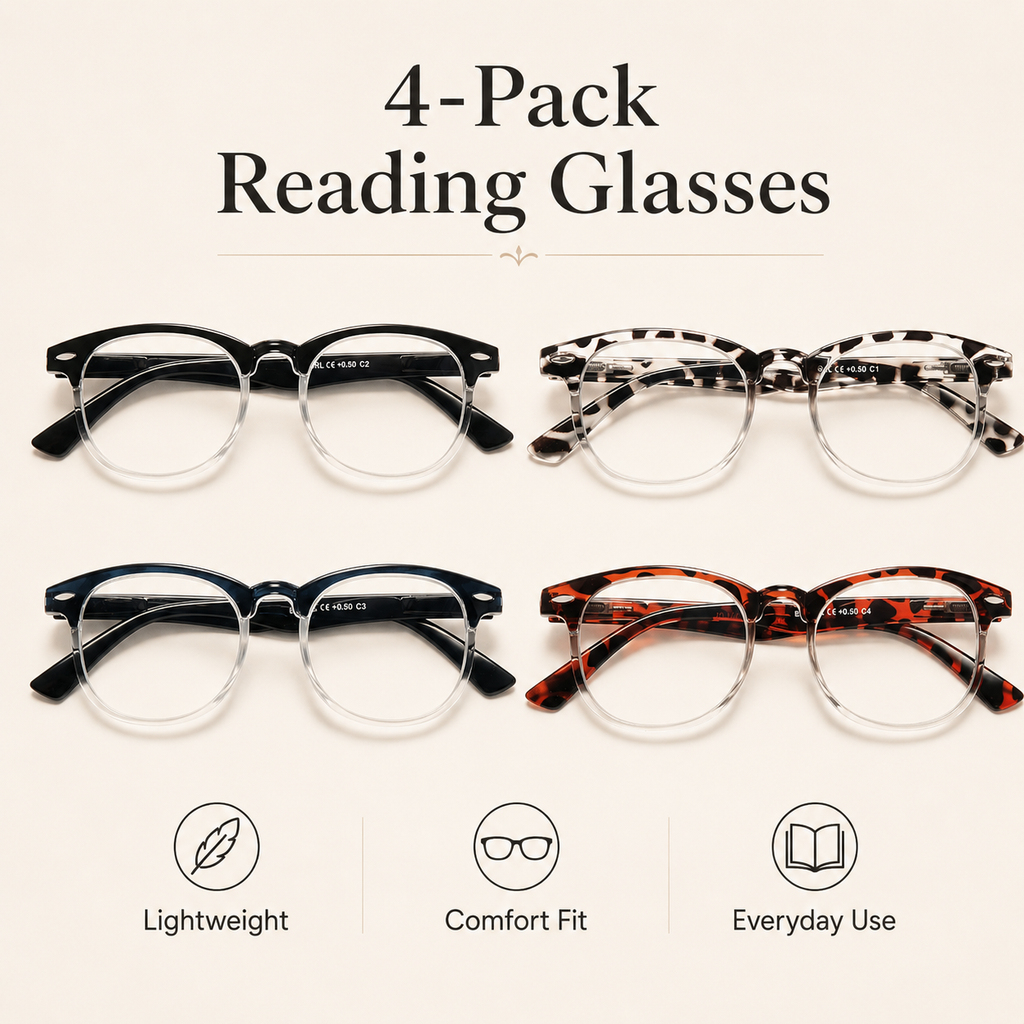 EYEURL 4 Pack Round Reading Glasses for Women and Men Blue Light Blocking Readers, Plastic Computer Glasses with Spring Hinges, 2.50 Eyeglasses Anti Glare&UV Rays, Black/Tortoise/Blue/Red Tortoise