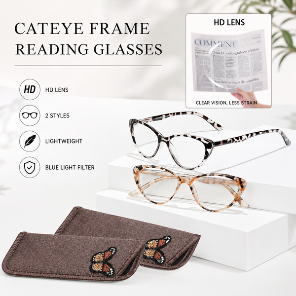 EYEURL Cat Eye Reading Glasses for Women - 2 Pack Blue Light Blocking Computer Readers Spring Hinge Anti Glare/UV Ray Eyeglasses