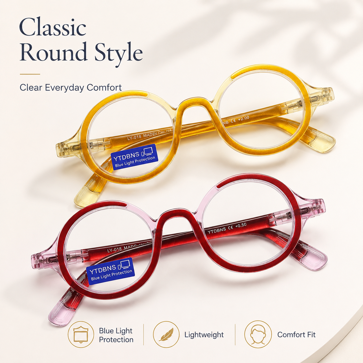 Retro Round Reading Glasses for Men and Women, Stylish Color Frame Design, Blue Light Blocking, Spring Hinges, Anti Eye Strain Computer Readers Main image