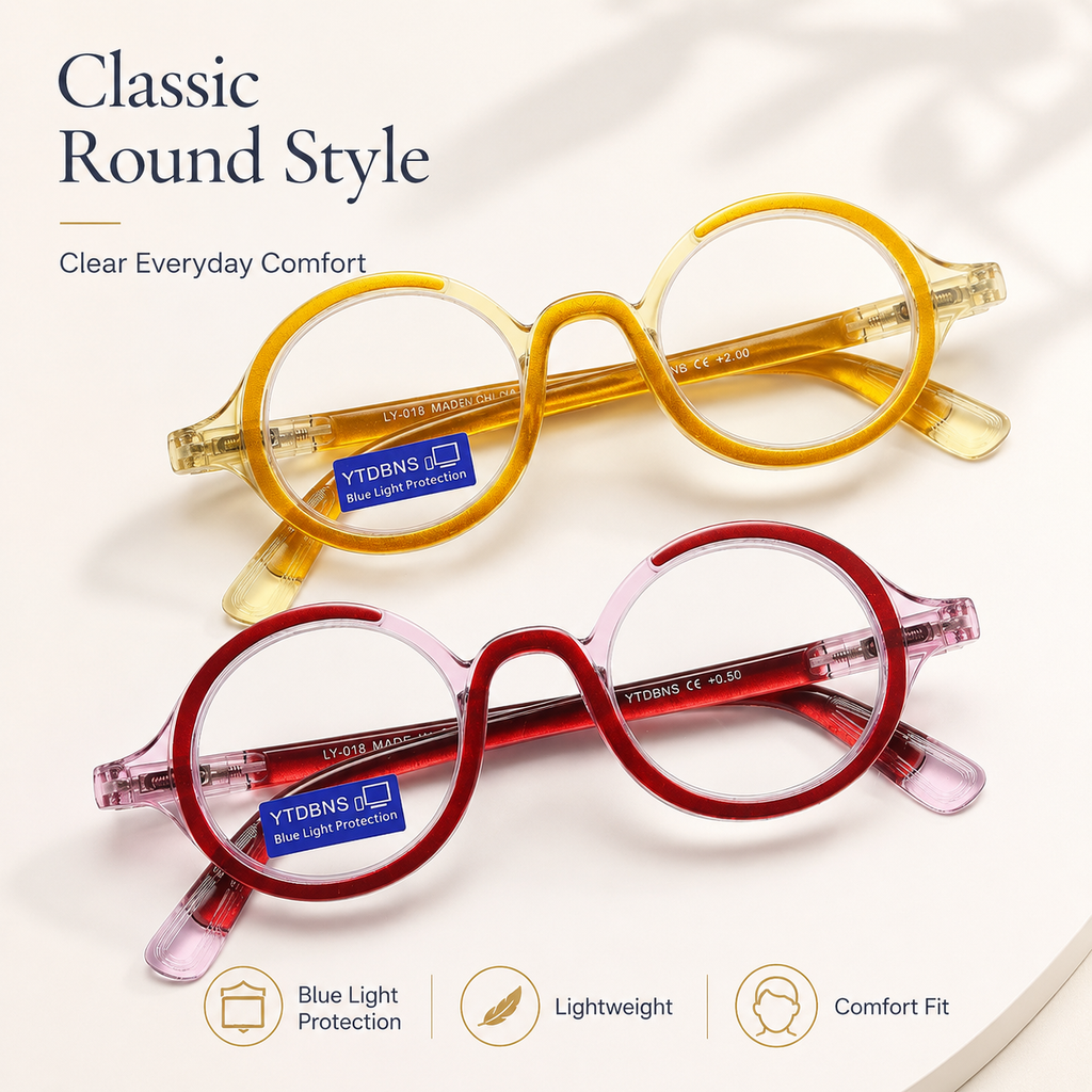 Retro Round Reading Glasses for Men and Women, Stylish Color Frame Design, Blue Light Blocking, Spring Hinges, Anti Eye Strain Computer Readers