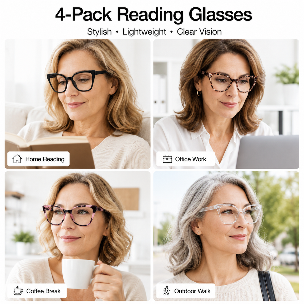 EYEURL 4-Pack Cat Eye Reading Glasses for Women – Fashion Blue Light Blocking Readers, Ladies Computer Eyeglasses