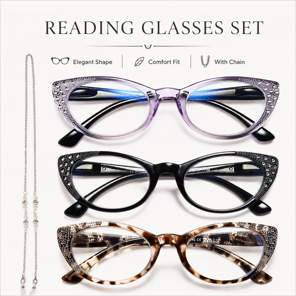 EYEURL Cat Eye Reading Glasses for Women – 3 Pack Blue Light Blocking Fashion Computer Readers with Spring Hinges, Anti-Glare Stylish Eyewear for Work and Daily Use