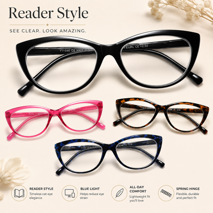 EYEURL Fashion Cat Eye Reading Glasses for Women – 4 Pack Lightweight Blue Light Blocking Readers with Spring Hinges, Anti-UV Computer Eyeglasses
