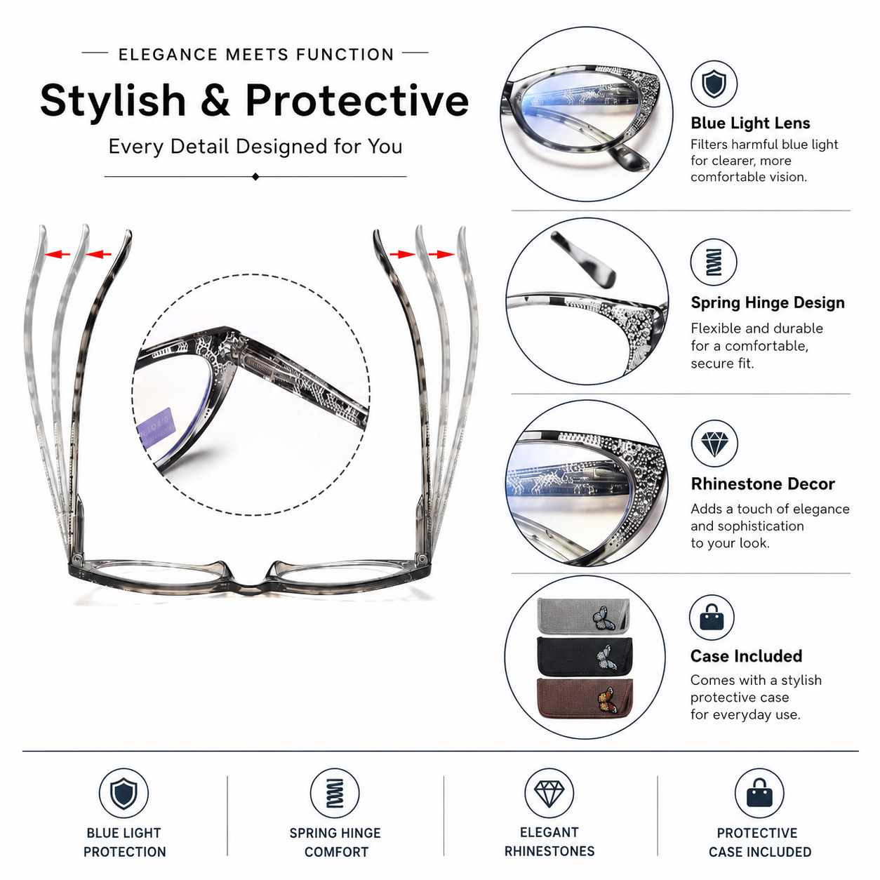 EYEURL 3-Pack Cat Eye Reading Glasses for Women – Blue Light Blocking Computer Readers with Rhinestones, Spring Hinges & UV Protection