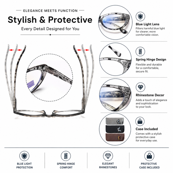 EYEURL 3-Pack Cat Eye Reading Glasses for Women – Blue Light Blocking Computer Readers with Rhinestones, Spring Hinges & UV Protection