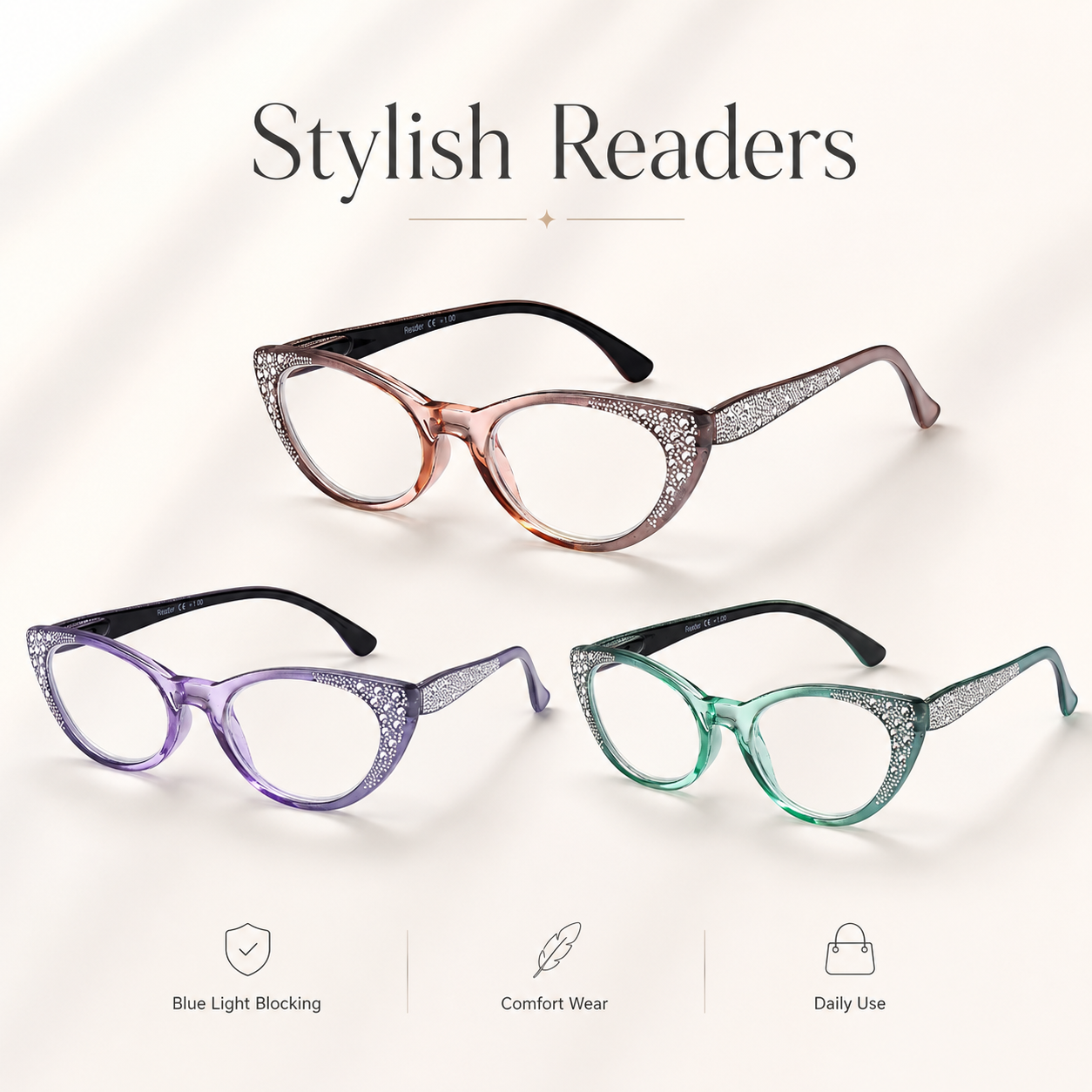 EYEURL Cat Eye Reading Glasses for Women – 3 Pack Blue Light Blocking Computer Readers with Spring Hinges, Lightweight Anti-Glare Eyeglasses
