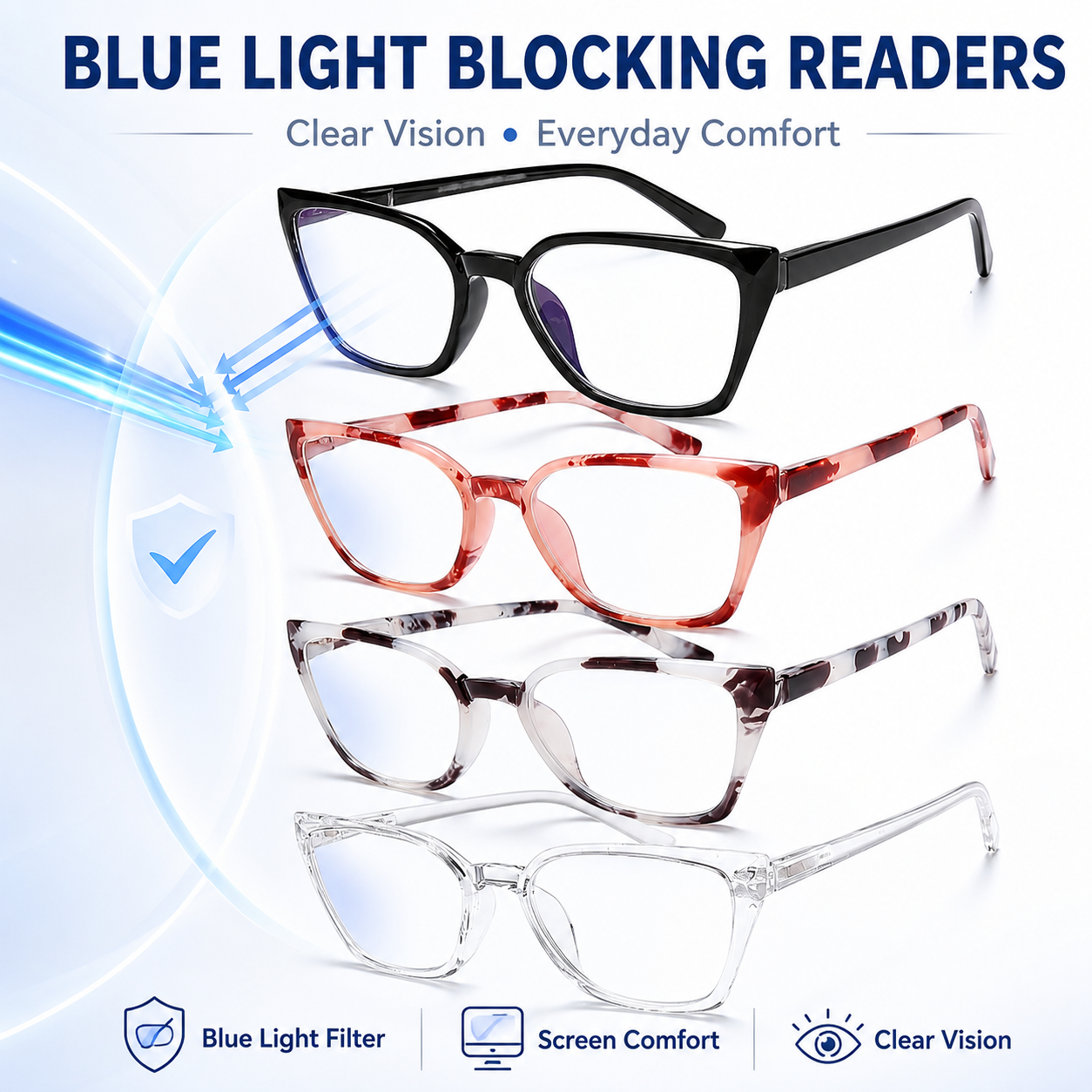 EYEURL 4-Pack Cat Eye Reading Glasses for Women – Fashion Blue Light Blocking Readers, Comfortable Ladies Computer Eyeglasses for Everyday Use