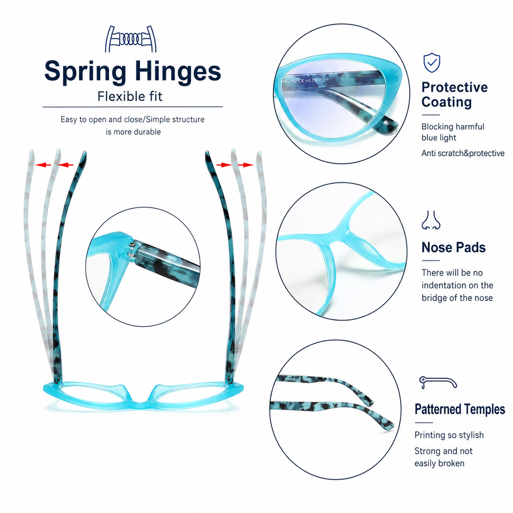 EYEURL Cat Eye Reading Glasses for Women Blue Light Blocking Readers Pack of 4, Computer Glasses with Pattern Design, 2.50 Magnification, Durable Plastic Frame with Spring Hinges, Anti UV Rays