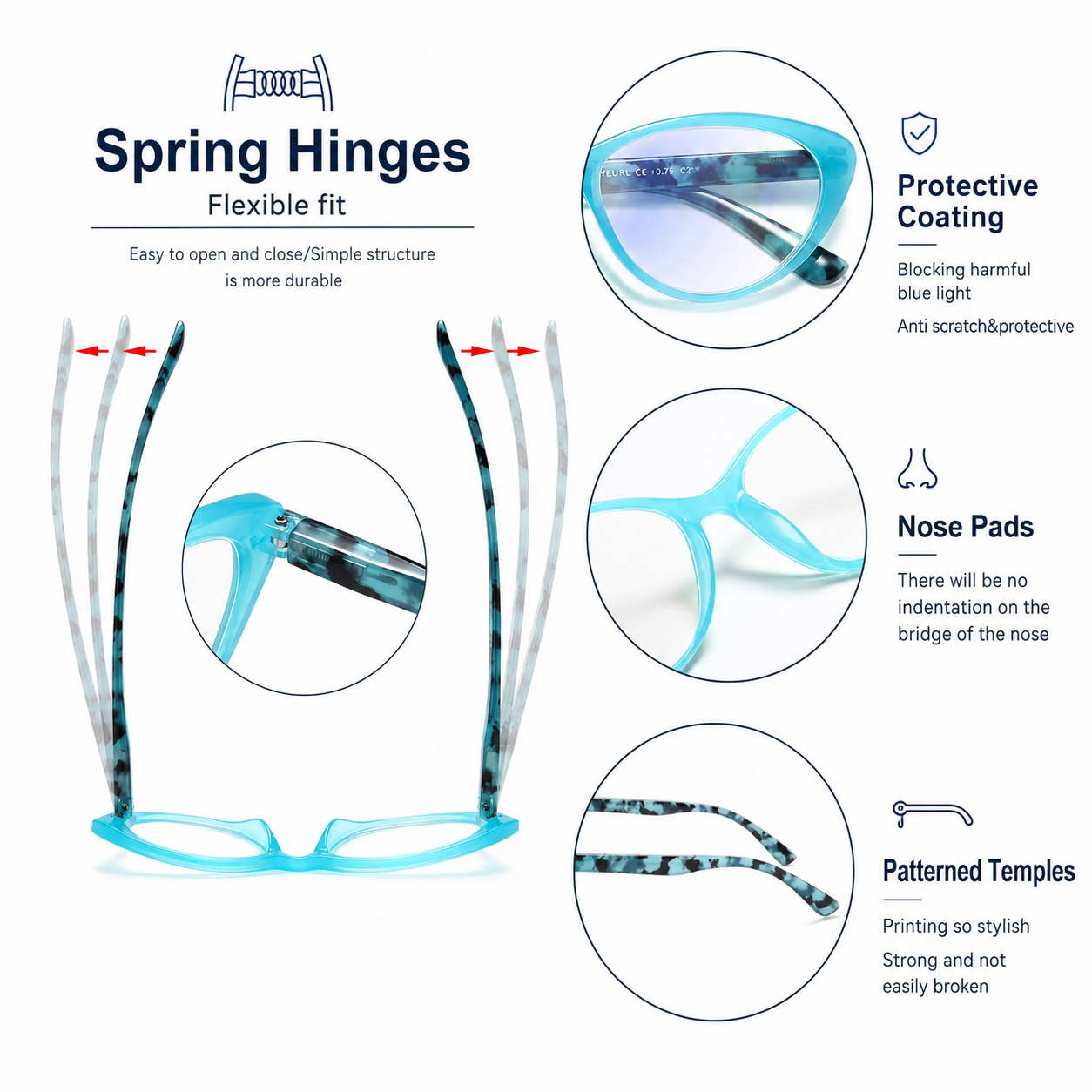 EYEURL Cat Eye Reading Glasses for Women Blue Light Blocking Readers Pack of 4, Computer Glasses with Pattern Design, 2.50 Magnification, Durable Plastic Frame with Spring Hinges, Anti UV Rays