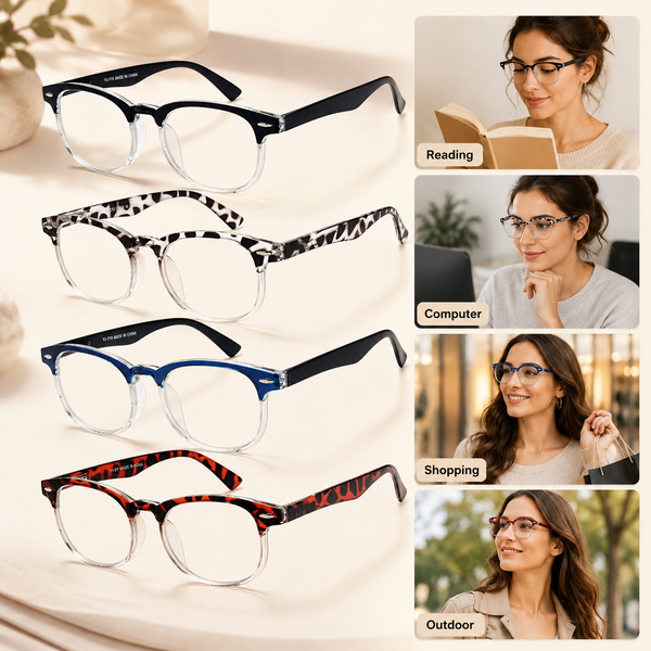 EYEURL 4 Pack Round Reading Glasses for Women and Men Blue Light Blocking Readers, Plastic Computer Glasses with Spring Hinges, 2.50 Eyeglasses Anti Glare&UV Rays, Black/Tortoise/Blue/Red Tortoise