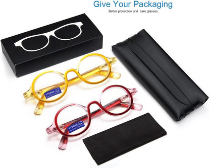 Retro Round Reading Glasses for Men and Women, Stylish Color Frame Design, Blue Light Blocking, Spring Hinges, Anti Eye Strain Computer Readers