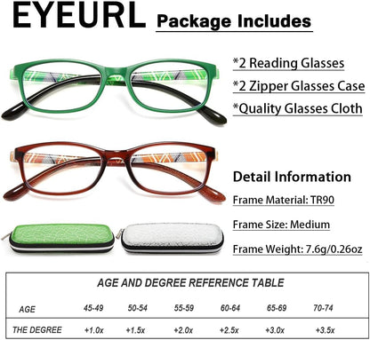 EYEURL Reading Glasses for Women – 2 Pack Blue Light Blocking Readers with TR90 Frame, Lightweight Eyewear to Reduce Eyestrain