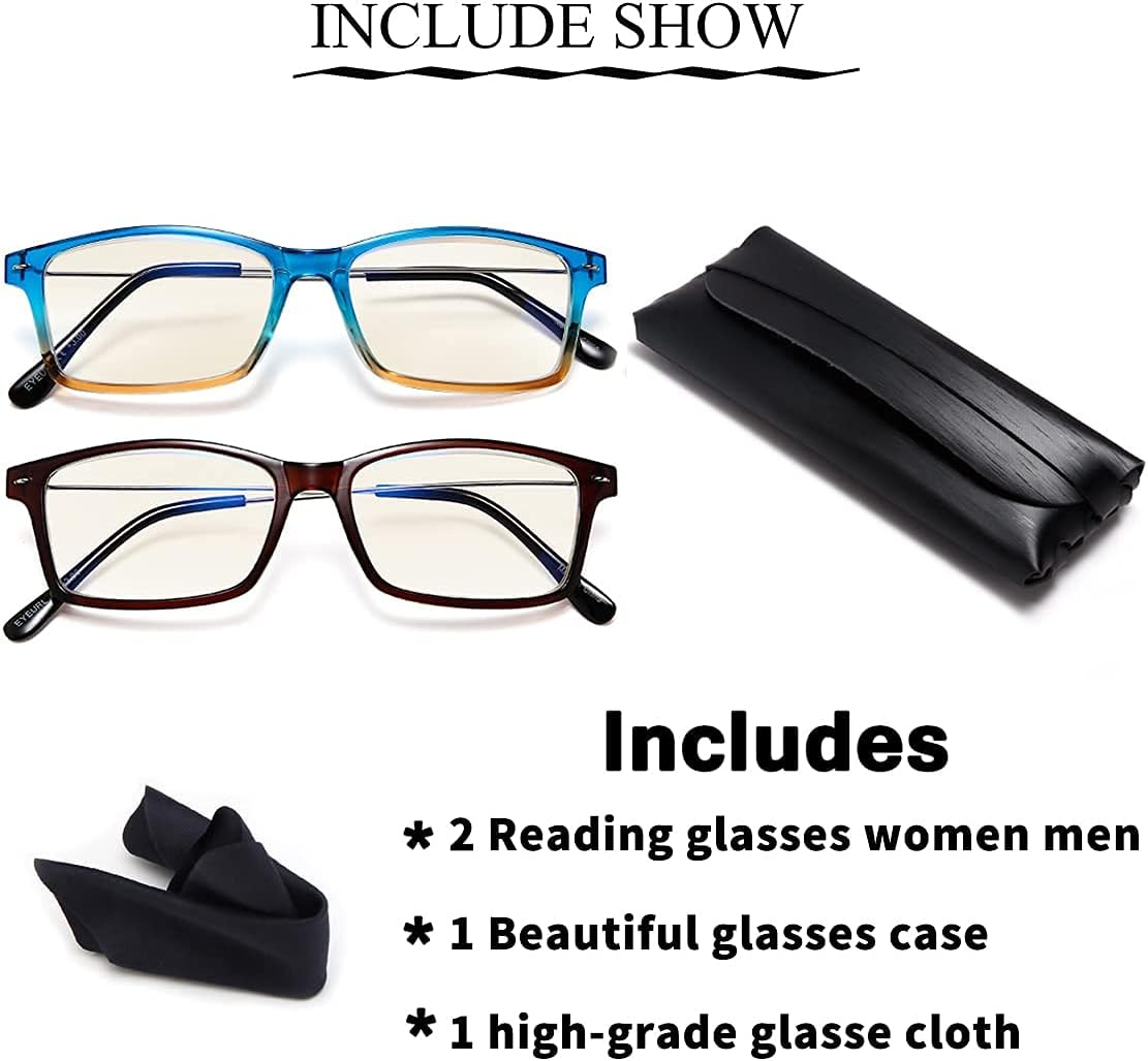 EYEURL Blue Light Blocking Reading Glasses Set of 2 Computer Readers Men and Women Lightweight Trendy Frame Choose Your Magnification +1.5