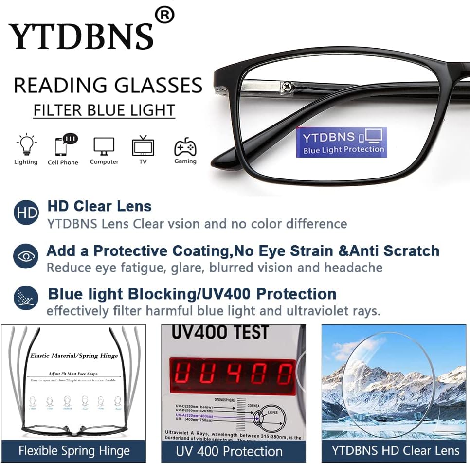 Unisex Professional Reading Glasses – Blue Light Filter Computer Readers with Spring Hinges, Anti Glare and UV Protection Lenses
