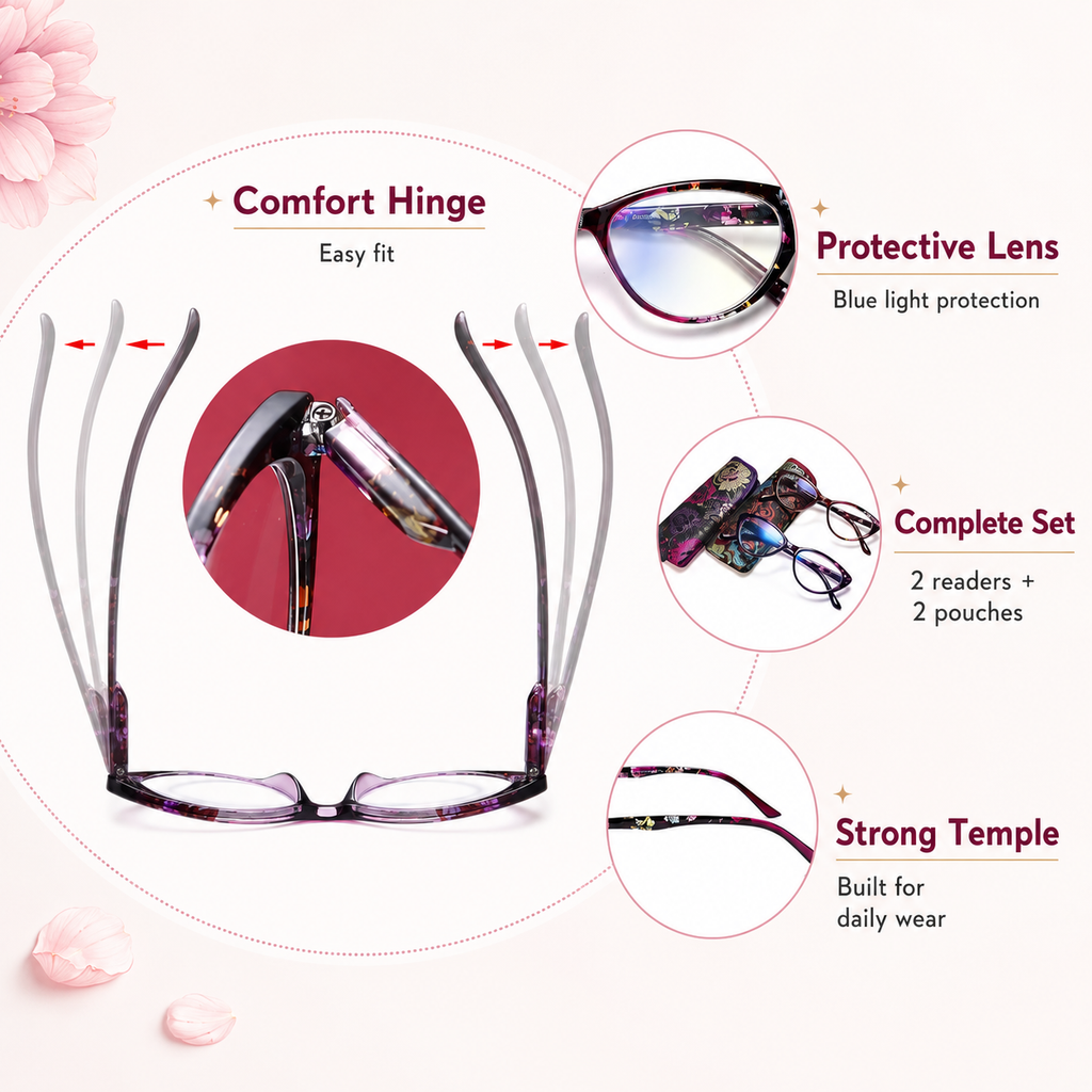 EYEURL Cat Eye Reading Glasses for Women, 2 Pack Blue Light Blocking Readers with Spring Hinge – Anti Glare UV Protection Computer Eyeglasses