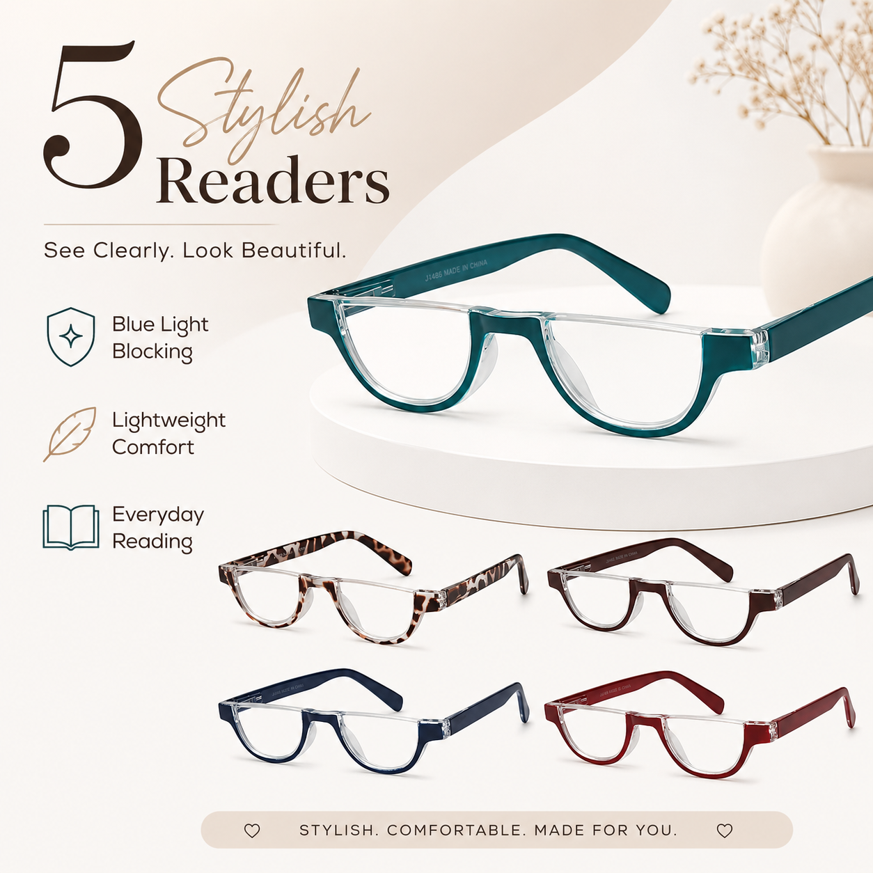 EYEURL Half Frame Reading Glasses for Women – 5 Pack Blue Light Blocking Rimless Computer Readers with Spring Hinges, Anti-UV Stylish Eyewear