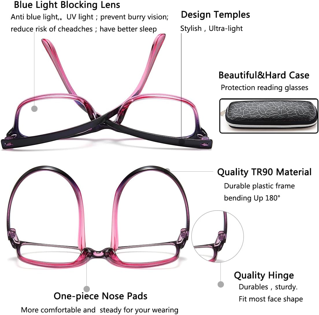 EYEURL 2 Pack Reading Glasses for Women – Blue Light Blocking TR90 Frame Readers, Lightweight Anti Eyestrain Computer Eyewear