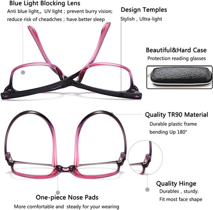 EYEURL 2 Pack Reading Glasses for Women – Blue Light Blocking TR90 Frame Readers, Lightweight Anti Eyestrain Computer Eyewear