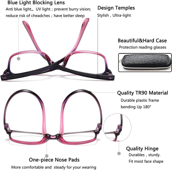 EYEURL 2 Pack Reading Glasses for Women – Blue Light Blocking TR90 Frame Readers, Lightweight Anti Eyestrain Computer Eyewear