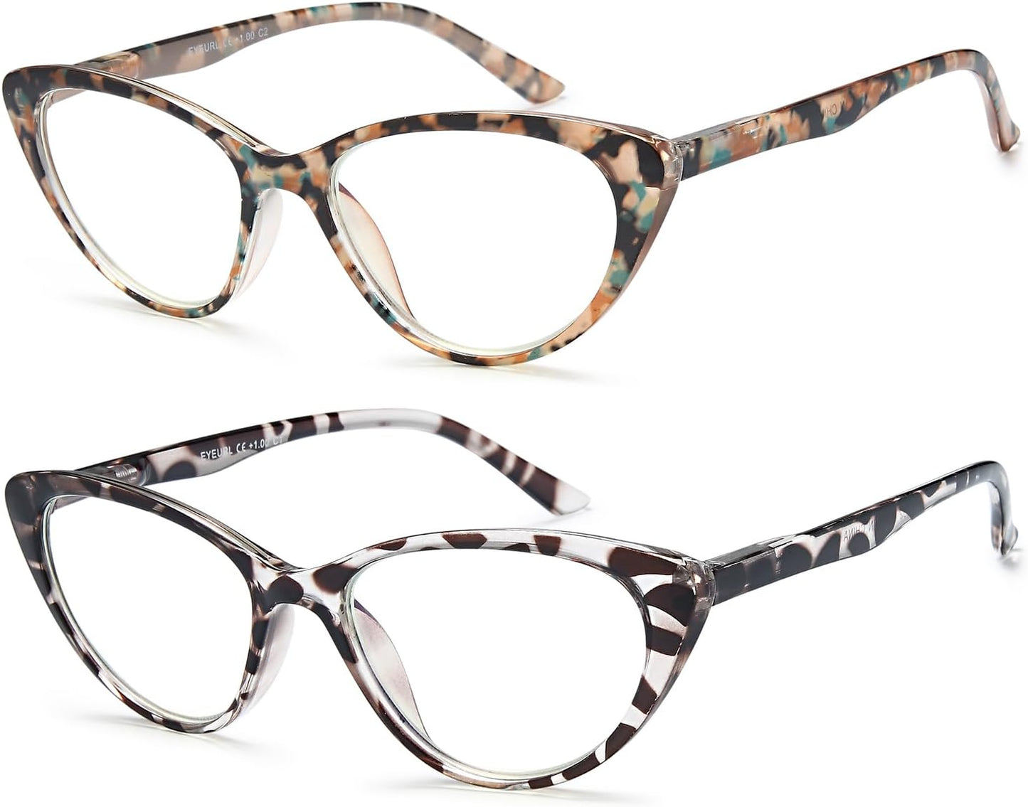EYEURL Cat Eye Reading Glasses for Women - 2 Pack Blue Light Blocking Computer Readers Spring Hinge Anti Glare/UV Ray Eyeglasses