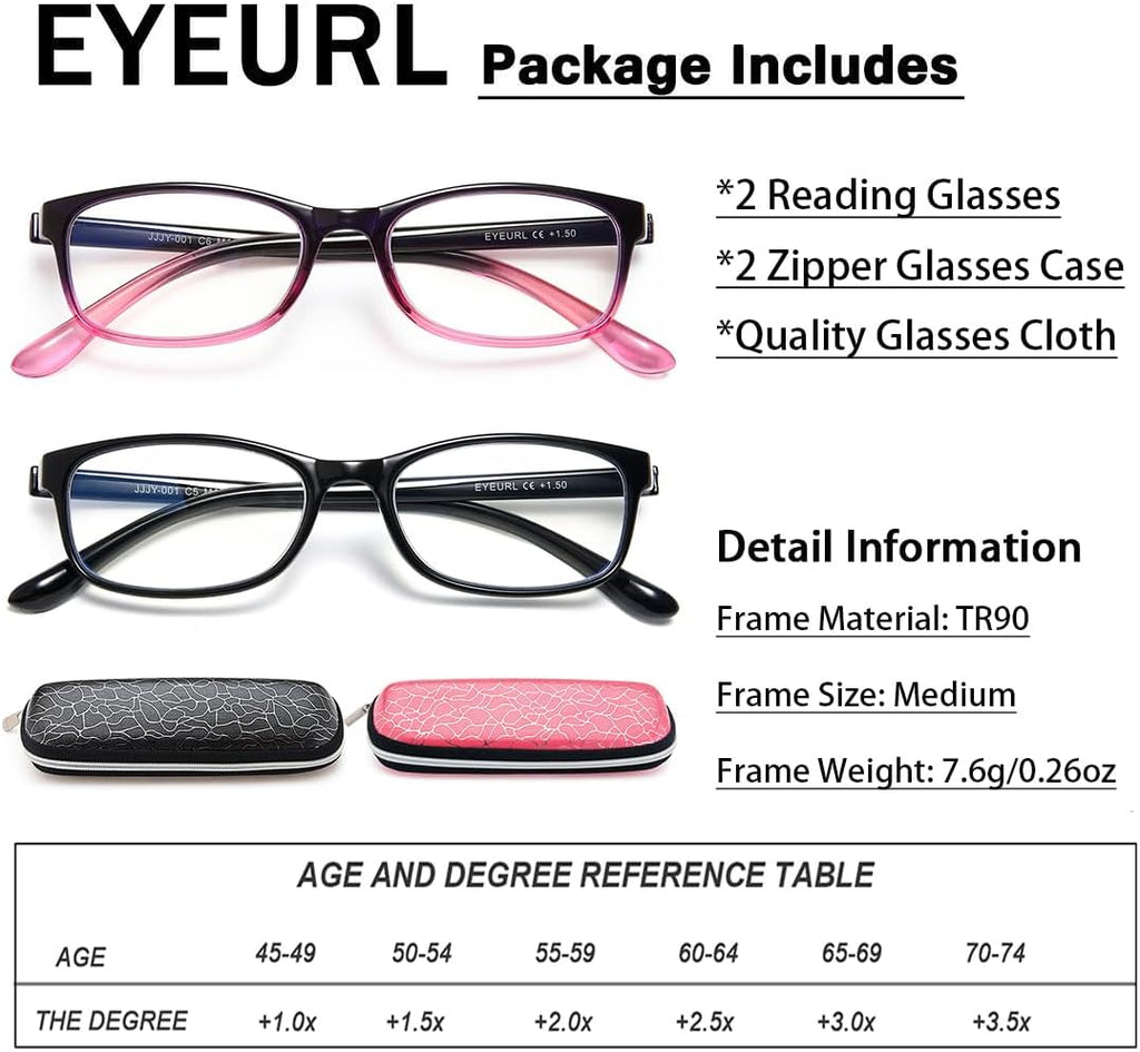 EYEURL 2 Pack Reading Glasses for Women – Blue Light Blocking TR90 Frame Readers, Lightweight Anti Eyestrain Computer Eyewear