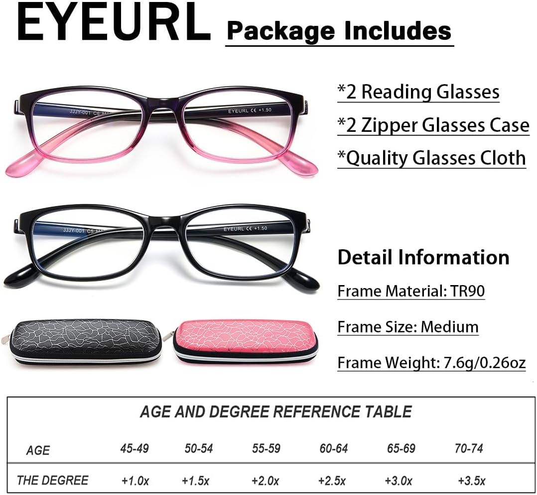 EYEURL 2 Pack Reading Glasses for Women – Blue Light Blocking TR90 Frame Readers, Lightweight Anti Eyestrain Computer Eyewear
