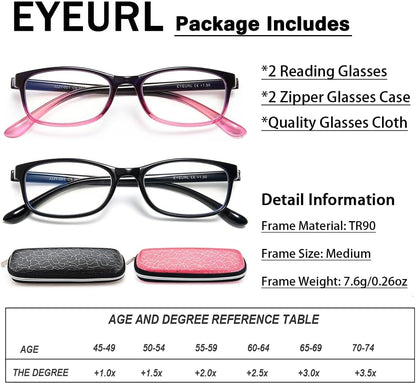 EYEURL 2 Pack Reading Glasses for Women – Blue Light Blocking TR90 Frame Readers, Lightweight Anti Eyestrain Computer Eyewear