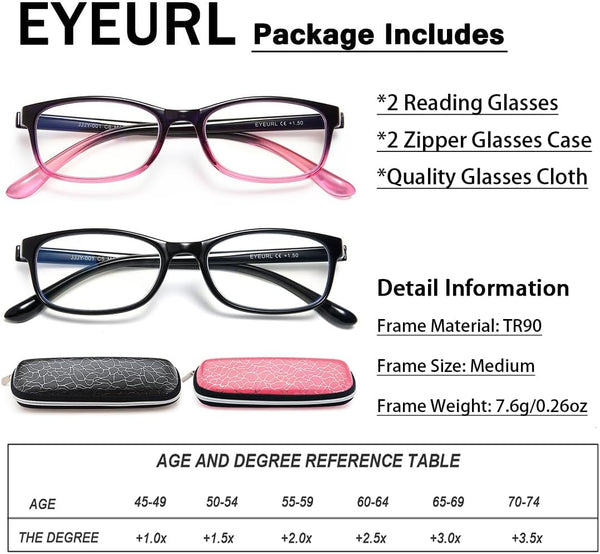 EYEURL 2 Pack Reading Glasses for Women – Blue Light Blocking TR90 Frame Readers, Lightweight Anti Eyestrain Computer Eyewear