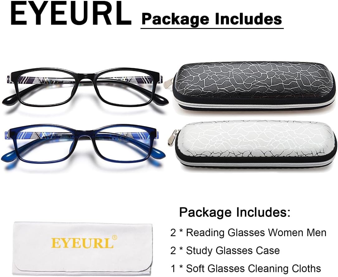 EYEURL Blue Light Blocking Readers for men Women - 2 Pair Ladies Computer Reading Glasses Blue Screen TR90 Rectangular Frames Nerd Eyeglasses