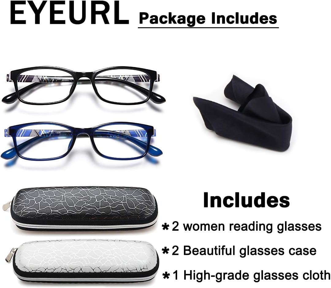 EYEURL 2 Pack Blue Light Blocking Reading Glasses for Women – Lightweight TR90 Frame Readers, Reduce Digital Eyestrain