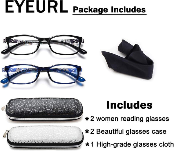 EYEURL 2 Pack Blue Light Blocking Reading Glasses for Women – Lightweight TR90 Frame Readers, Reduce Digital Eyestrain