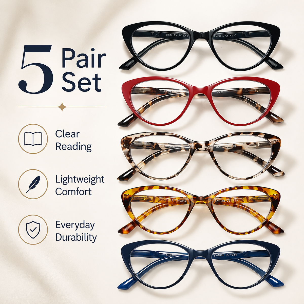 5-Pack Cat-Eye Blue-Light Readers for Women – Black & Blue - product photo 1