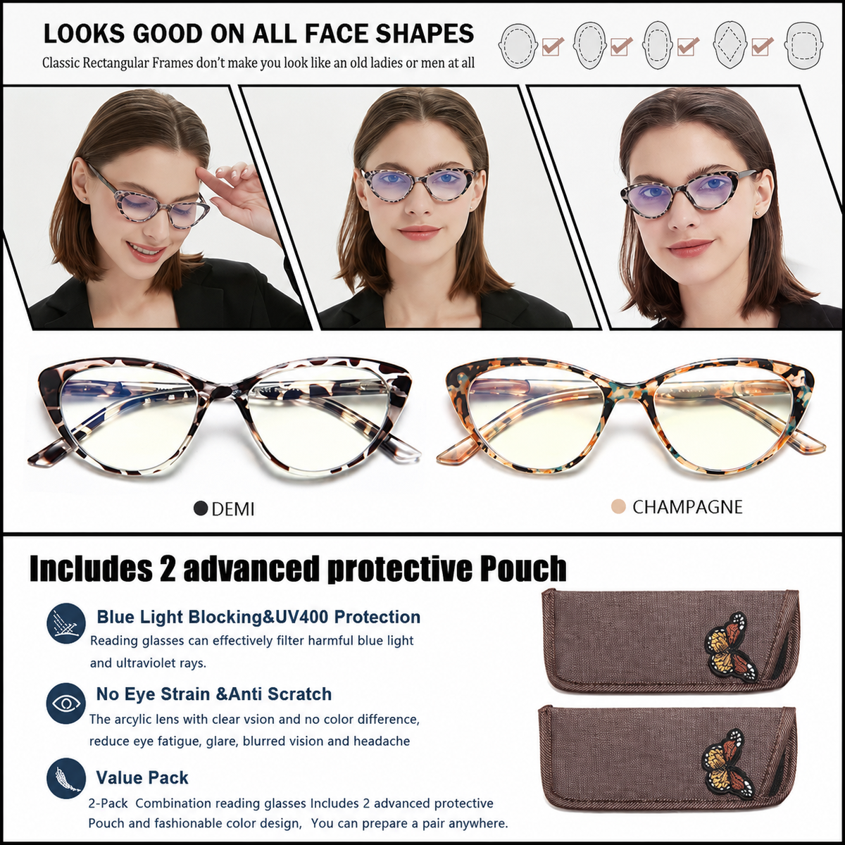 2-Pack Cat-Eye Readers for Women – Tortoise & Champagne - product photo 7