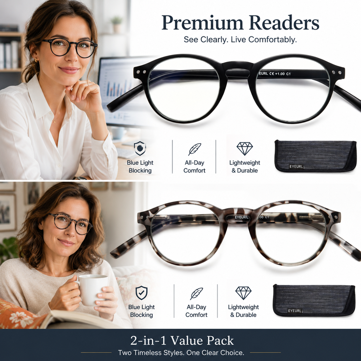 EYEURL 4-Pack Small Round Reading Glasses for Women Men Neck Hanging Blue Light Blocking Eyeglasses TR90 Readers for Women