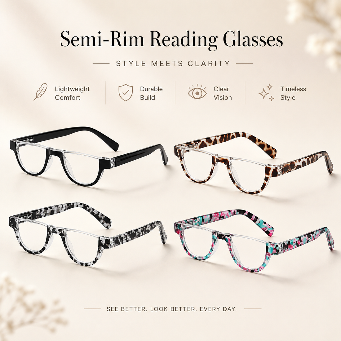 4-Pack Semi-Rimless Readers for Men & Women – Black & Brown - product photo 2