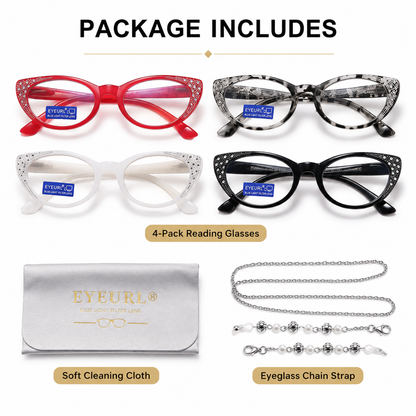 EYEURL Cat Eye Reading Glasses for Women Blue Light Blocking 4 Pack Computer Readers Spring Hinge Anti UV Fashion Lightweight Frames Eyeglasses